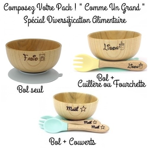 Coin Repas Pack Avec Bol En Bois Et Couverts En Bois Et Silicone Po